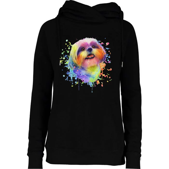 Colorful Splash Art Shih Tzu Portrait Shitzu Puppy Owner Womens Funnel Neck Pullover Hood