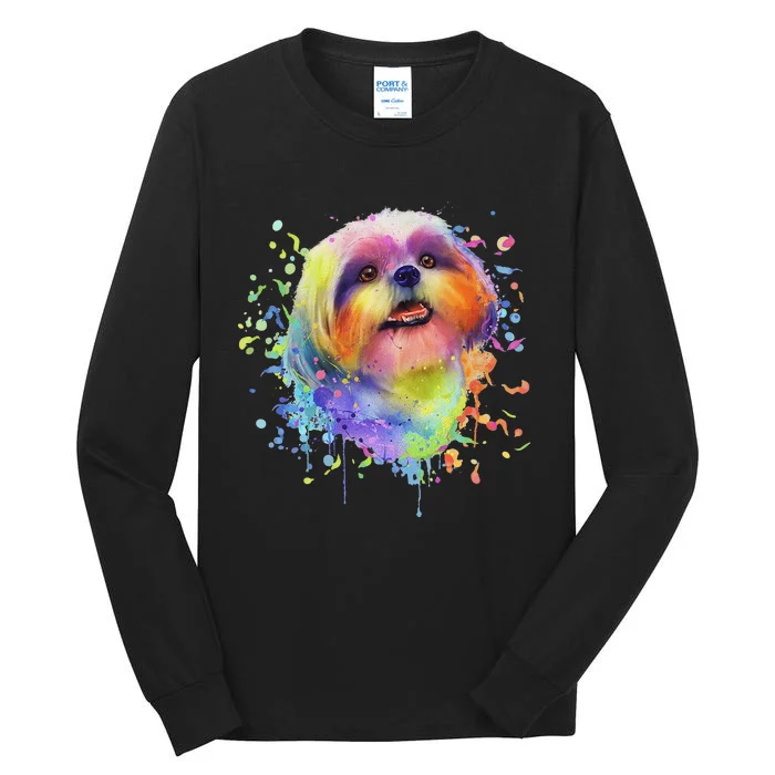 Colorful Splash Art Shih Tzu Portrait Shitzu Puppy Owner Tall Long Sleeve T-Shirt