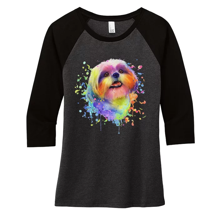 Colorful Splash Art Shih Tzu Portrait Shitzu Puppy Owner Women's Tri-Blend 3/4-Sleeve Raglan Shirt