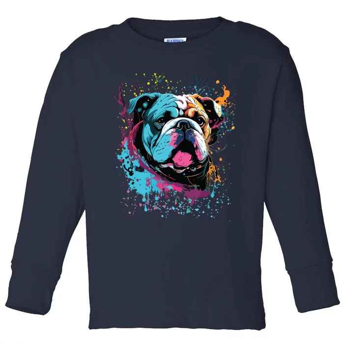 Colorful Splash Art English Bulldog Portrait Puppy Owner Toddler Long Sleeve Shirt