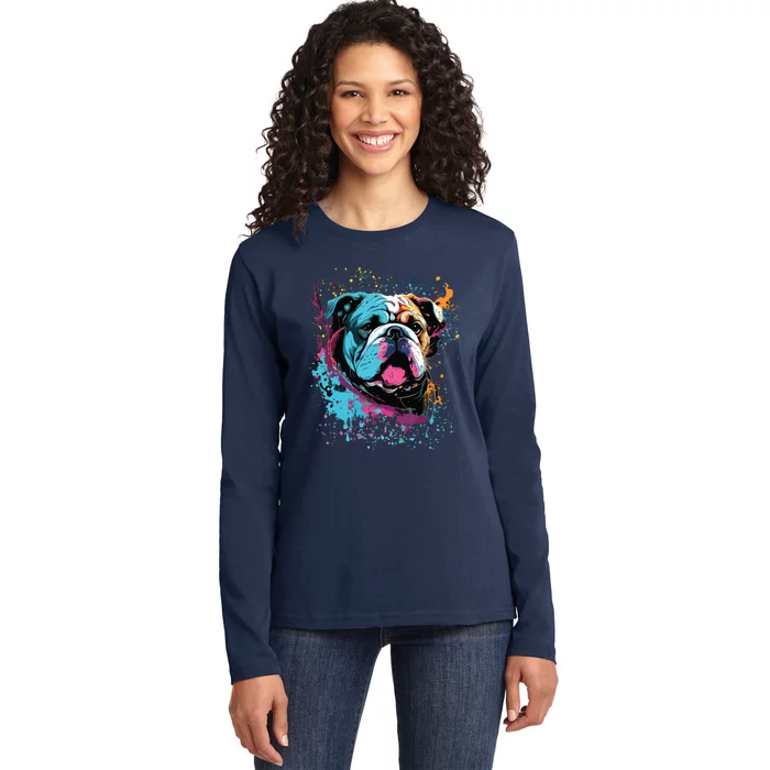 Colorful Splash Art English Bulldog Portrait Puppy Owner Ladies Long Sleeve Shirt