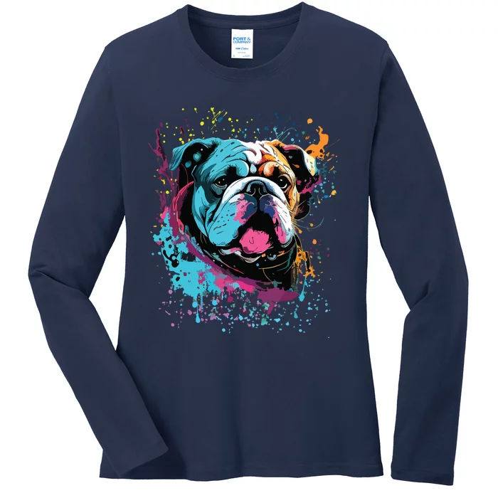 Colorful Splash Art English Bulldog Portrait Puppy Owner Ladies Long Sleeve Shirt