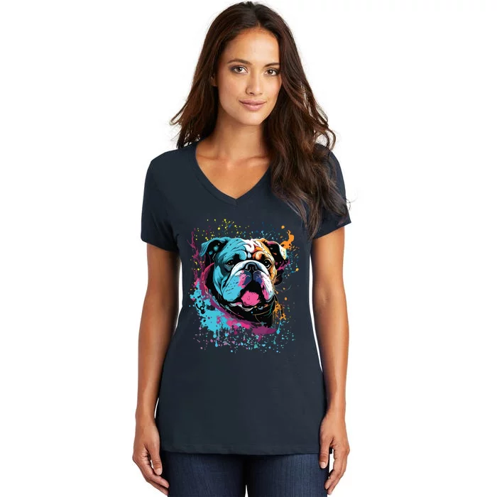 Colorful Splash Art English Bulldog Portrait Puppy Owner Women's V-Neck T-Shirt