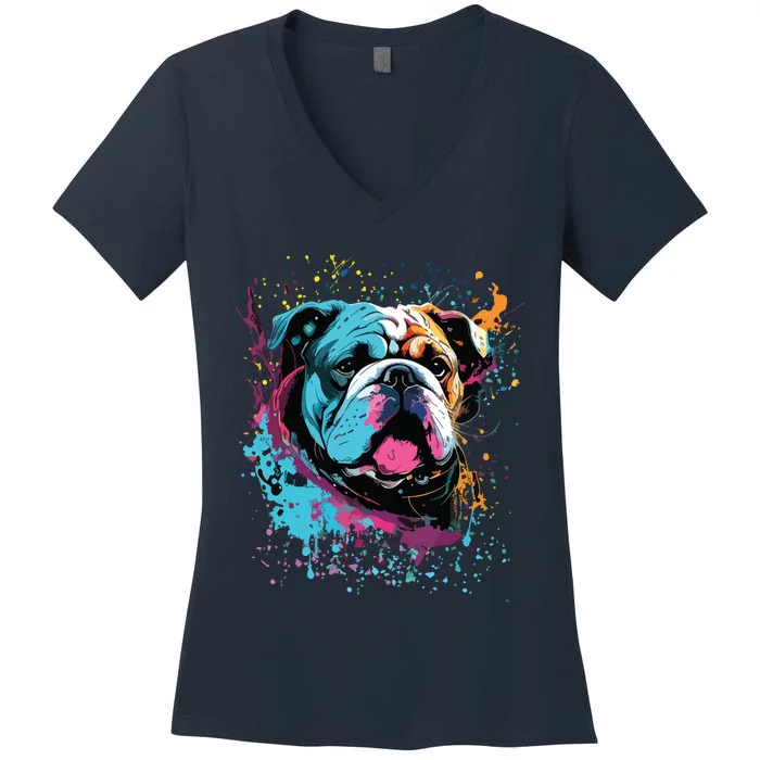 Colorful Splash Art English Bulldog Portrait Puppy Owner Women's V-Neck T-Shirt