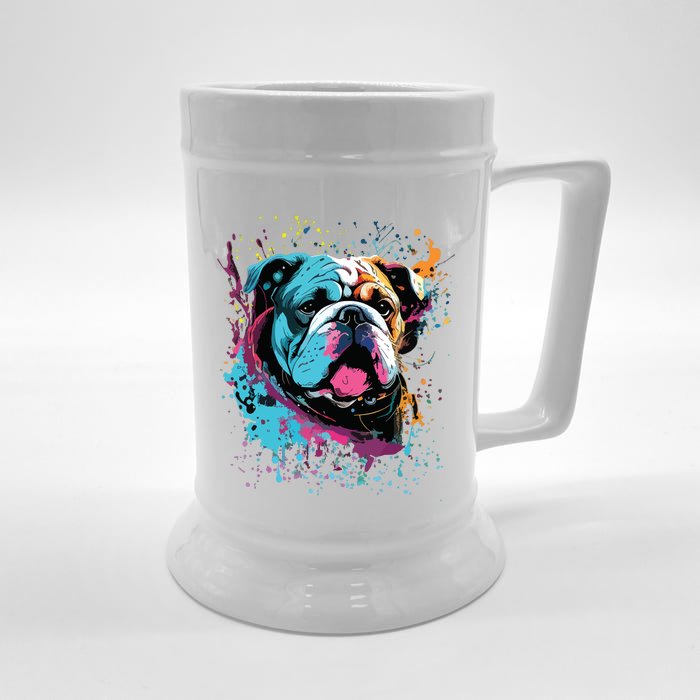 Colorful Splash Art English Bulldog Portrait Puppy Owner Front & Back Beer Stein