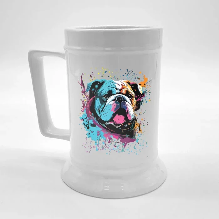 Colorful Splash Art English Bulldog Portrait Puppy Owner Front & Back Beer Stein