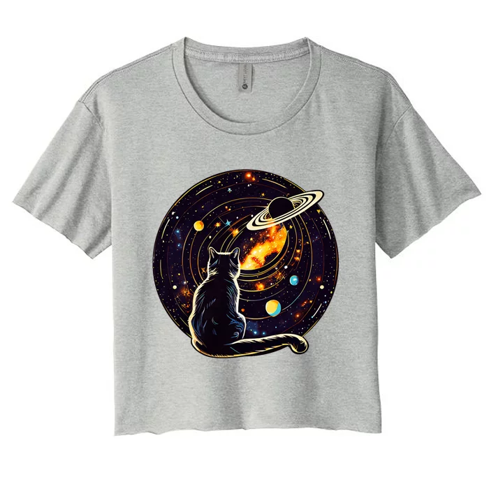 Cat Staring At Planet Saturn Cat Dad Cat Lover Women's Crop Top Tee