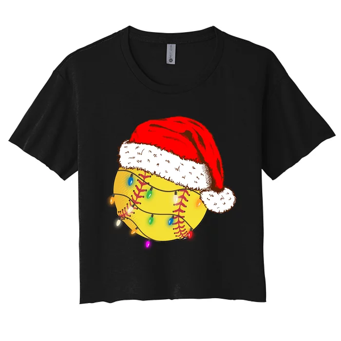 Christmas Softball Ball Santa Hat Funny Sport Xmas Boys Women's Crop Top Tee