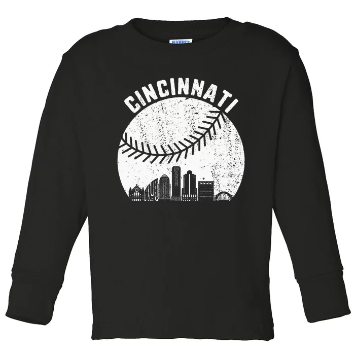 Cincinnati Skyline Baseball Vintage Cincinnati OH Baseball Toddler Long Sleeve Shirt