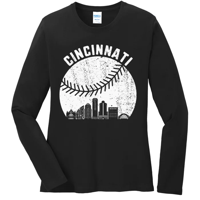 Cincinnati Skyline Baseball Vintage Cincinnati OH Baseball Ladies Long Sleeve Shirt