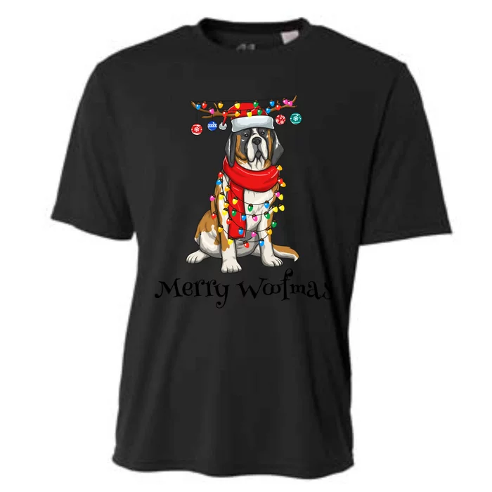 Christmas Saint Bernard Dog Holiday Lights Merry Woofmas Gift Cooling Performance Crew T-Shirt