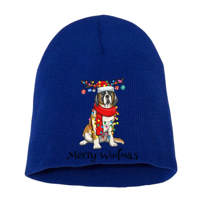 Christmas Saint Bernard Dog Holiday Lights Merry Woofmas Gift Short Acrylic Beanie