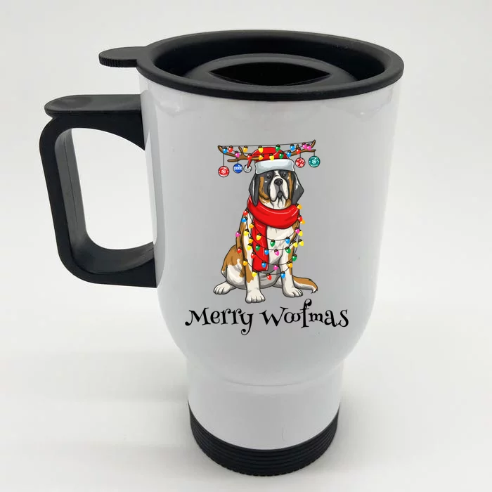 Christmas Saint Bernard Dog Holiday Lights Merry Woofmas Gift Front & Back Stainless Steel Travel Mug