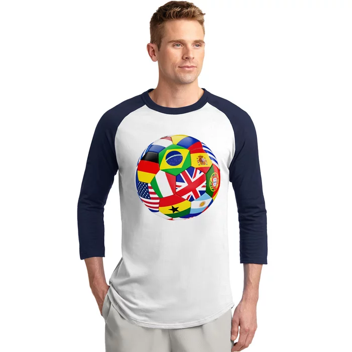 Cool Soccer Ball With World Flags Baseball Sleeve Shirt