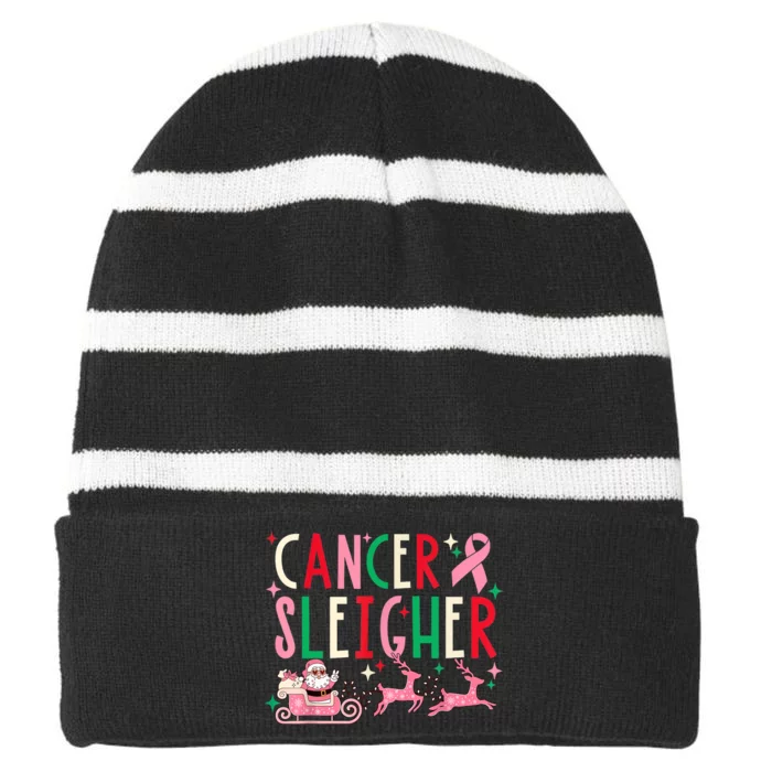 Cancer Sleigher Breast Cancer Awareness Pink Ribbon Striped Beanie with Solid Band