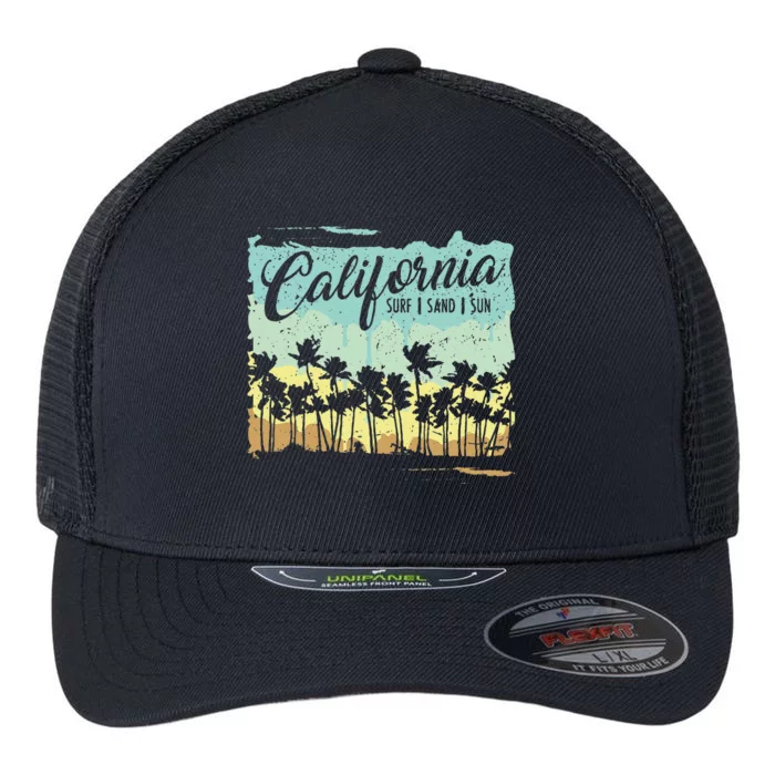 California Surfing Beach Summer Vintage Retro Surf Gift Flexfit Unipanel Trucker Cap