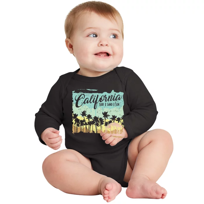 California Surfing Beach Summer Vintage Retro Surf Gift Baby Long Sleeve Bodysuit