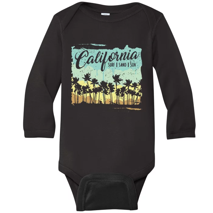 California Surfing Beach Summer Vintage Retro Surf Gift Baby Long Sleeve Bodysuit