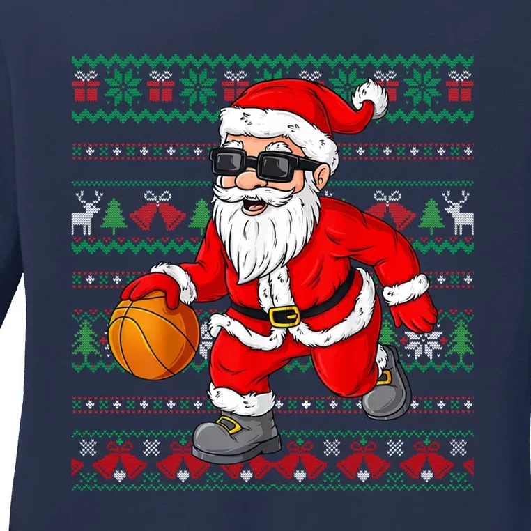 Christmas Santa Basketball Funny Sport Lover Ugly Xmas Ladies Long Sleeve Shirt