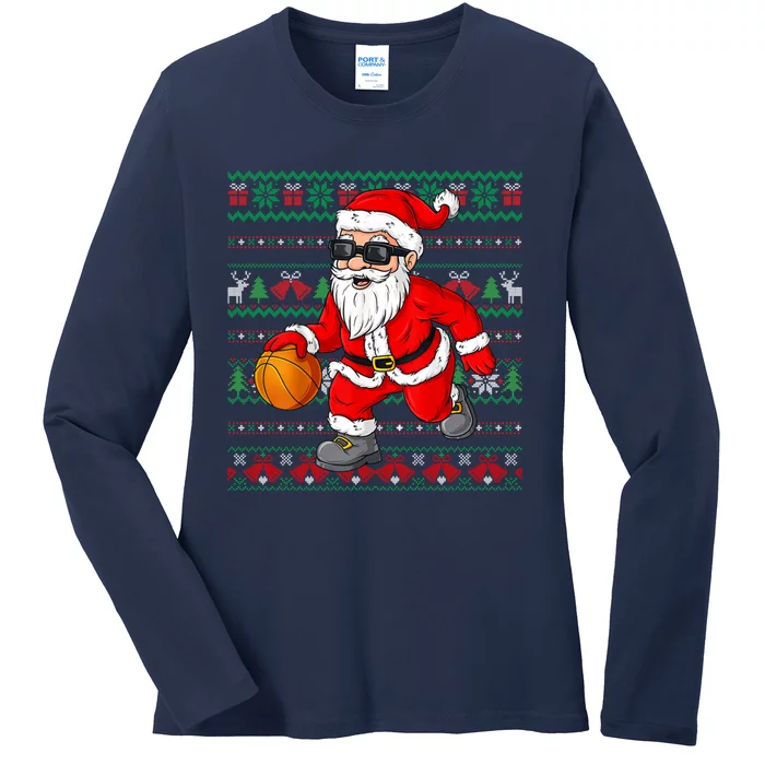 Christmas Santa Basketball Funny Sport Lover Ugly Xmas Ladies Long Sleeve Shirt