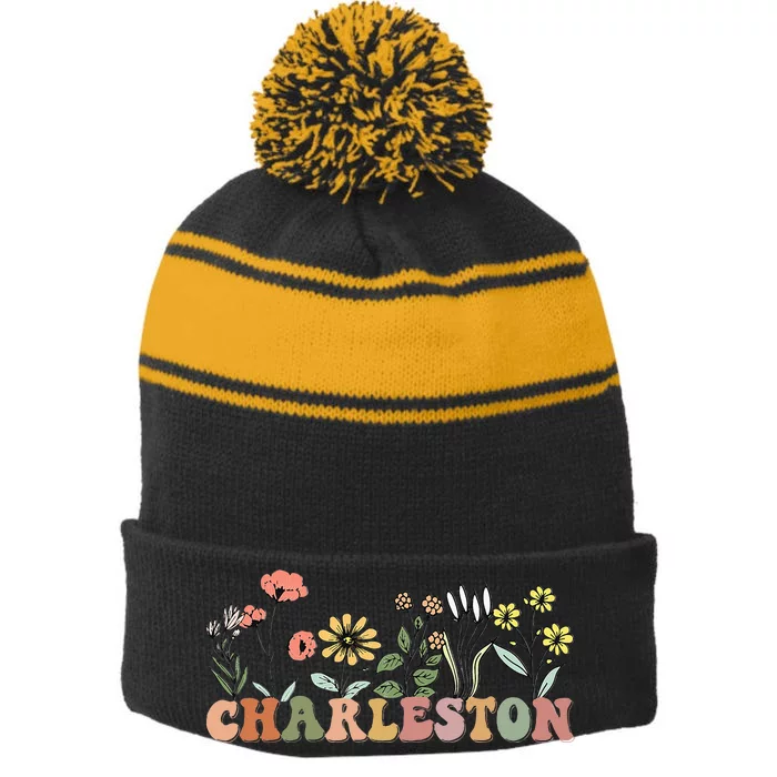 Charleston Sc Bachelorette Vintage 70s Wildflowers Stripe Pom Pom Beanie