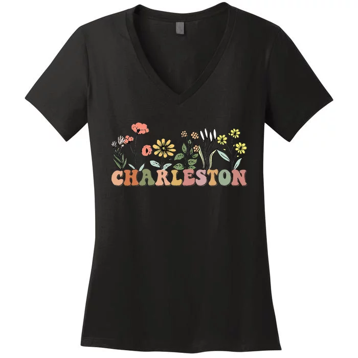 Charleston Sc Bachelorette Vintage 70s Wildflowers Women's V-Neck T-Shirt