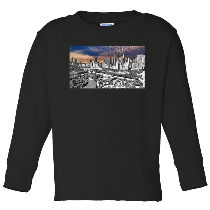 Chicago Skyline B&W With Vibrant And Colorful Sky Toddler Long Sleeve Shirt