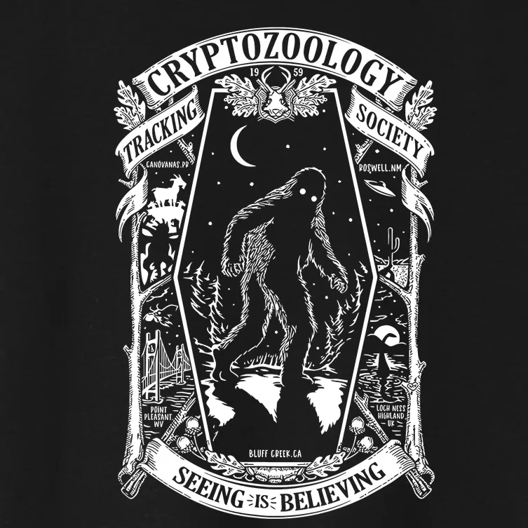 Cryptozoology Society Bigfoot Mothman Cryptid Loch Ness Women's Crop Top Tee