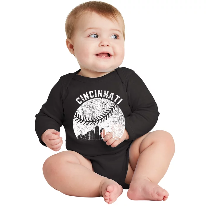 Cincinnati Skyline Baseball Vintage Cincinnati Oh Baseball Baby Long Sleeve Bodysuit