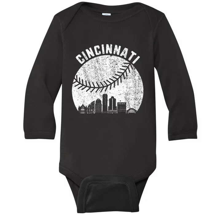 Cincinnati Skyline Baseball Vintage Cincinnati Oh Baseball Baby Long Sleeve Bodysuit