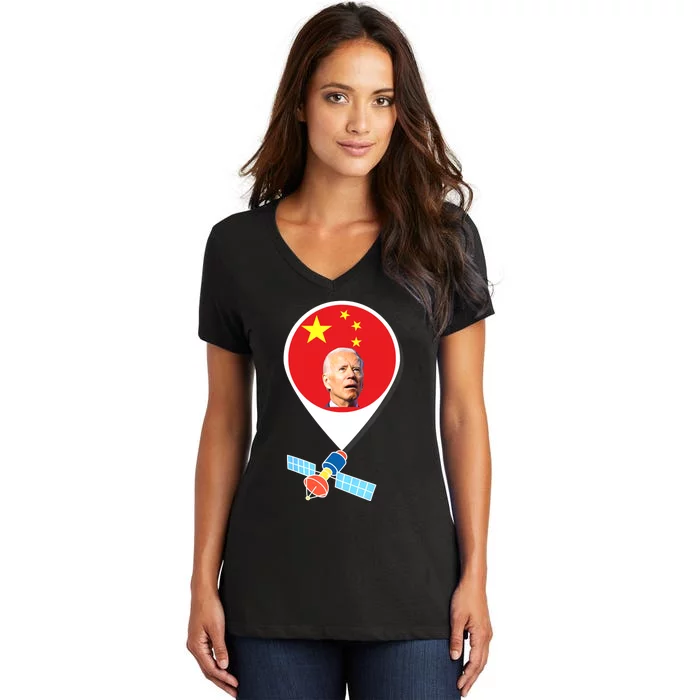 Chinese Spy Balloon Funny Surveillance Joe Biden China Flag Women's V-Neck T-Shirt