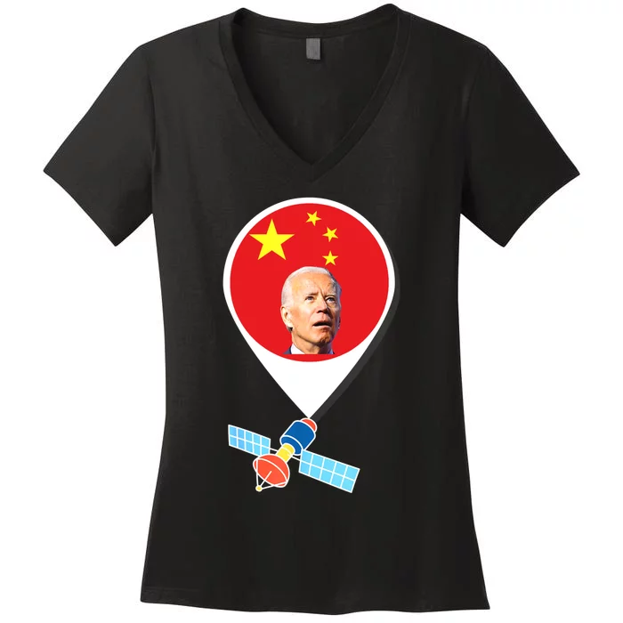 Chinese Spy Balloon Funny Surveillance Joe Biden China Flag Women's V-Neck T-Shirt