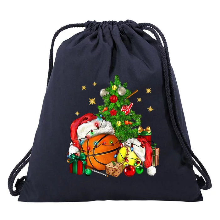 Christmas Sports Basketball And Softball Xmas Tree Lights Gift Drawstring Bag