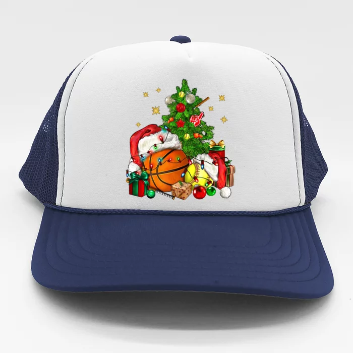 Christmas Sports Basketball And Softball Xmas Tree Lights Gift Trucker Hat