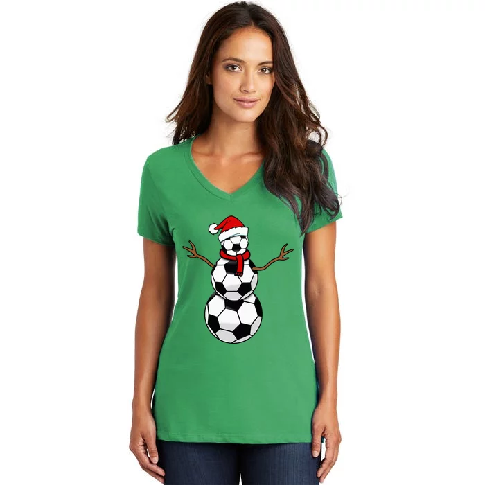 Christmas Soccer Balls Santa Snowman Women's V-Neck T-Shirt