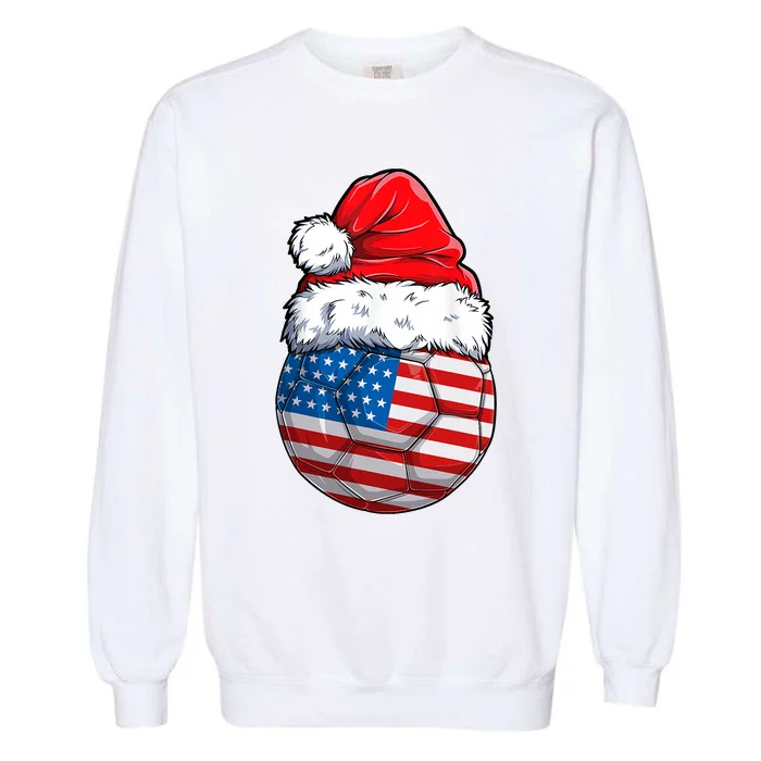 Christmas Soccer Ball Santa Hat USA Flag Xmas American Garment-Dyed Sweatshirt