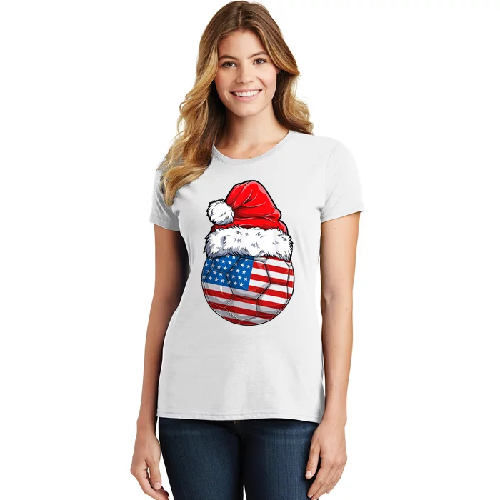 Christmas Soccer Ball Santa Hat USA Flag Xmas American Women's T-Shirt