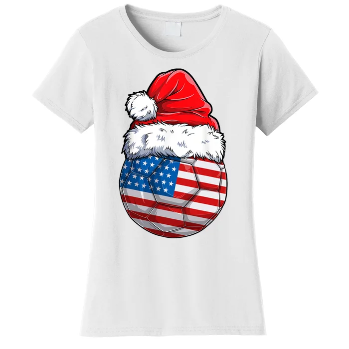 Christmas Soccer Ball Santa Hat USA Flag Xmas American Women's T-Shirt