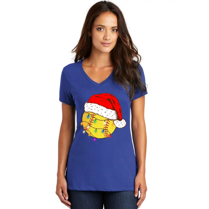 Christmas Softball Ball Santa Hat Funny Sport Xmas Boys Great Gift Women's V-Neck T-Shirt