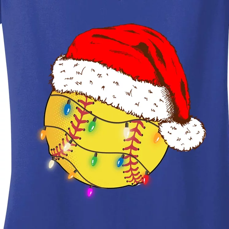 Christmas Softball Ball Santa Hat Funny Sport Xmas Boys Great Gift Women's V-Neck T-Shirt