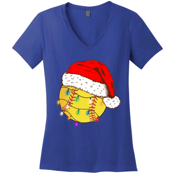 Christmas Softball Ball Santa Hat Funny Sport Xmas Boys Great Gift Women's V-Neck T-Shirt