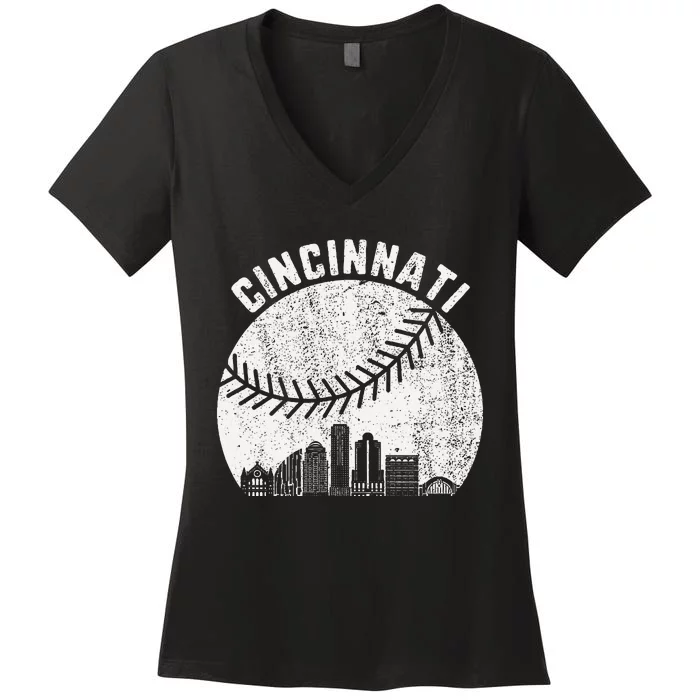 Cincinnati Skyline Baseball Vintage Cincinnati Oh Baseball Women's V-Neck T-Shirt