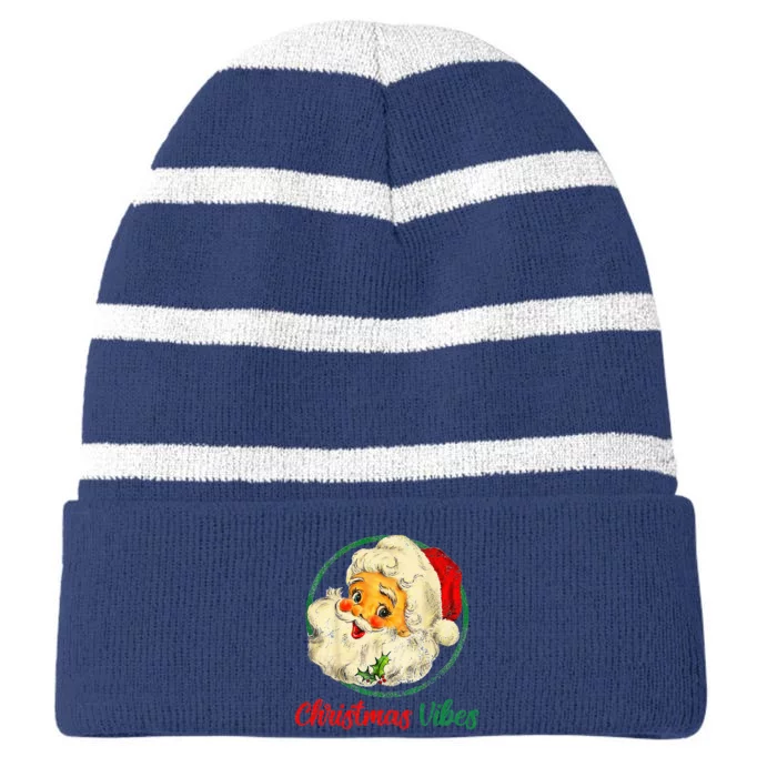 Christmas Santa Claus Face Funny Old Fashioned Striped Beanie with Solid Band