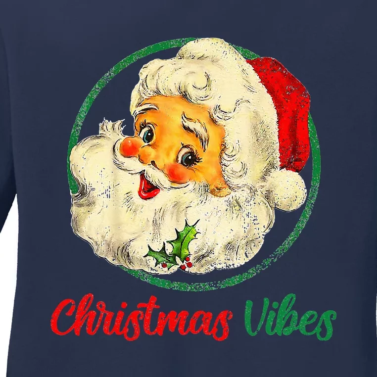 Christmas Santa Claus Face Funny Old Fashioned Ladies Long Sleeve Shirt