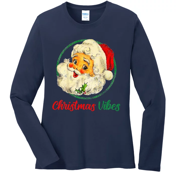 Christmas Santa Claus Face Funny Old Fashioned Ladies Long Sleeve Shirt