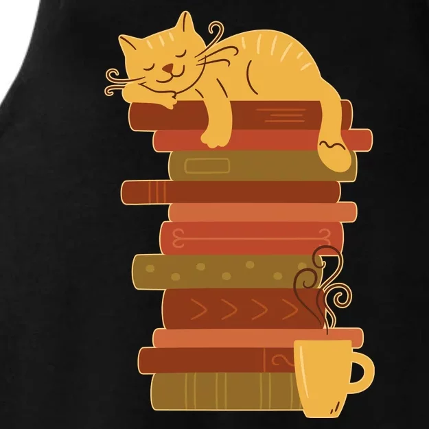 Cute Sleepy Cat On Book Stack And Coffee Tea Ladies Tri-Blend Wicking Tank