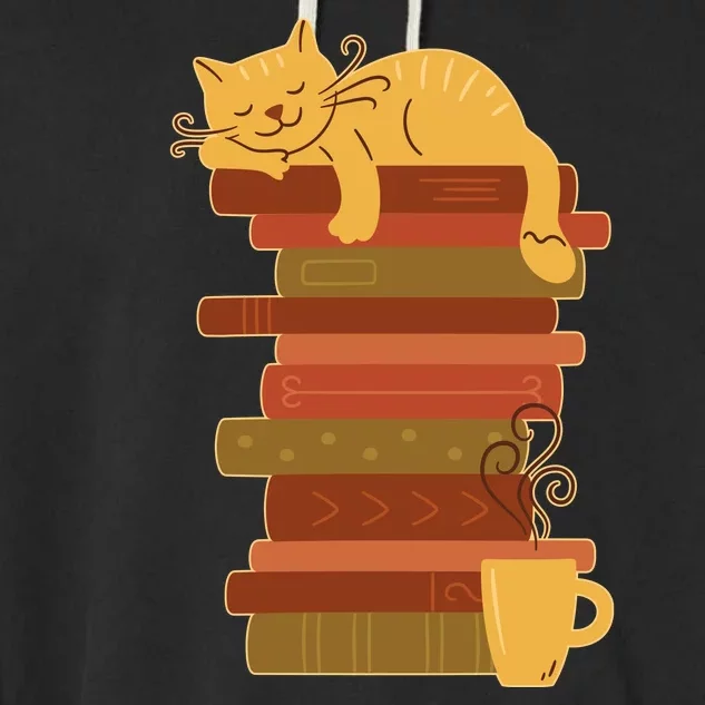 Cute Sleepy Cat On Book Stack And Coffee Tea Garment-Dyed Fleece Hoodie