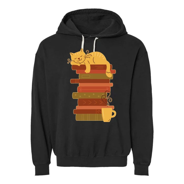 Cute Sleepy Cat On Book Stack And Coffee Tea Garment-Dyed Fleece Hoodie