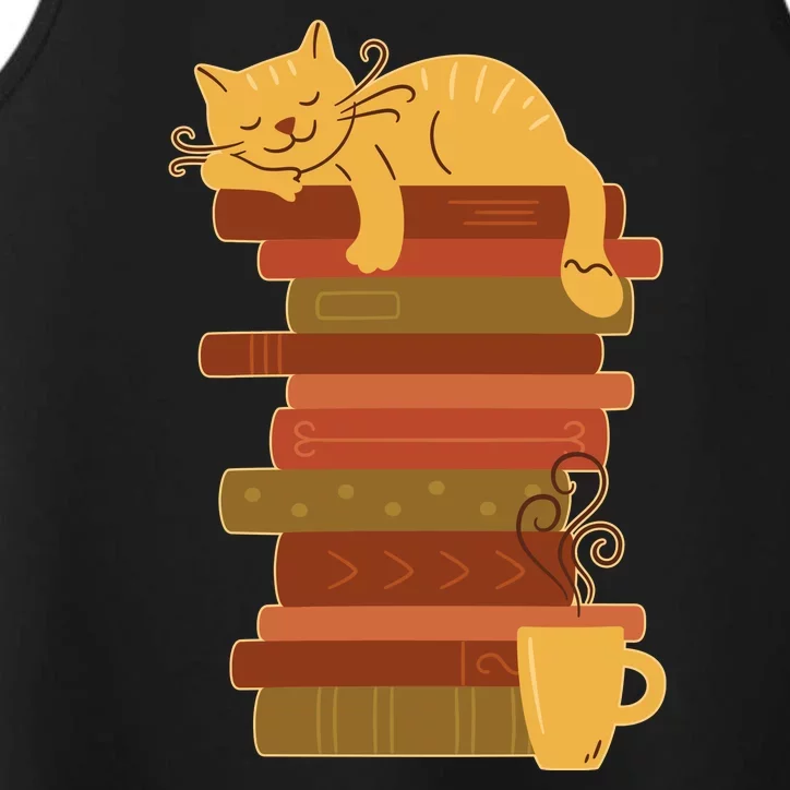 Cute Sleepy Cat On Book Stack And Coffee Tea Performance Tank