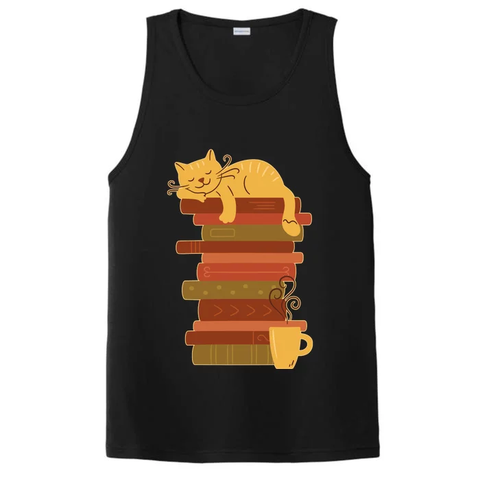 Cute Sleepy Cat On Book Stack And Coffee Tea Performance Tank